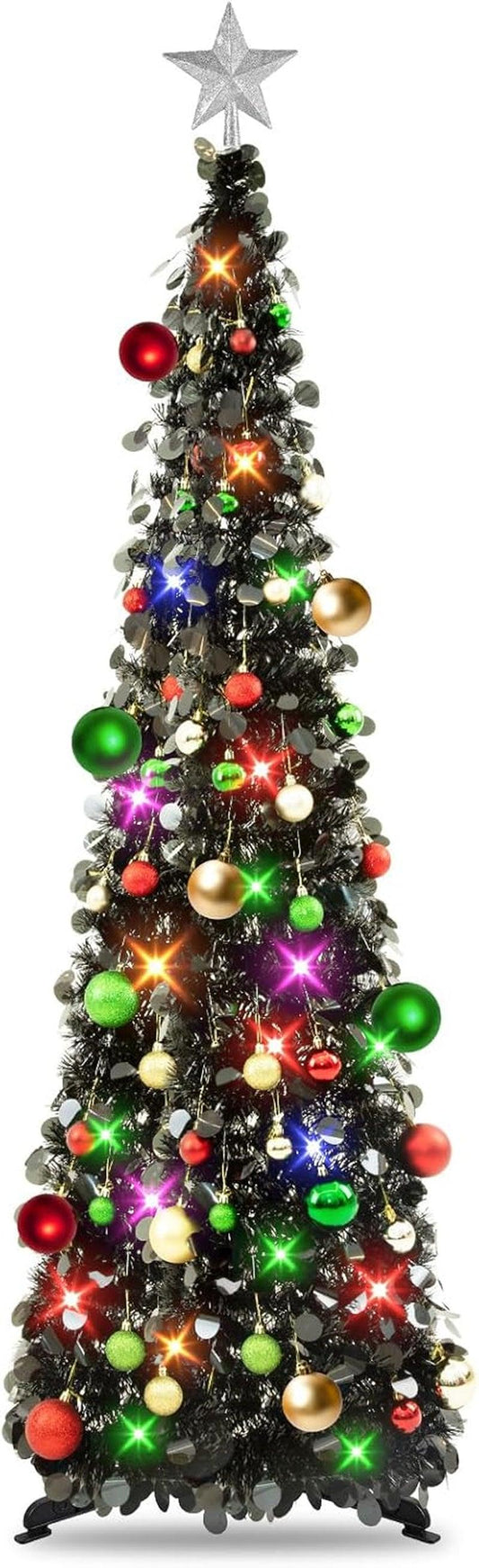 Pop up Christmas Tree with Lights & 30 Balls, 5Ft Collapsible Black Tinsel Christmas Tree Decorations, Pencil Christmas Tree Skinny Christmas Tree for Holiday Xmas Home Office Decor