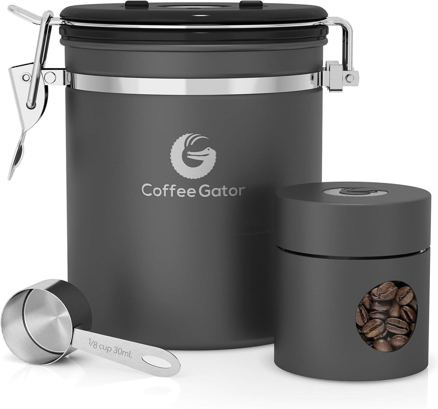 Coffee Canister, Stainless Steel Airtight Coffee Containers for Ground Coffee with Date-Tracker, Co2-Release Valve, Measuring Scoop & Travel Jar - Medium, 16 Oz, Gray