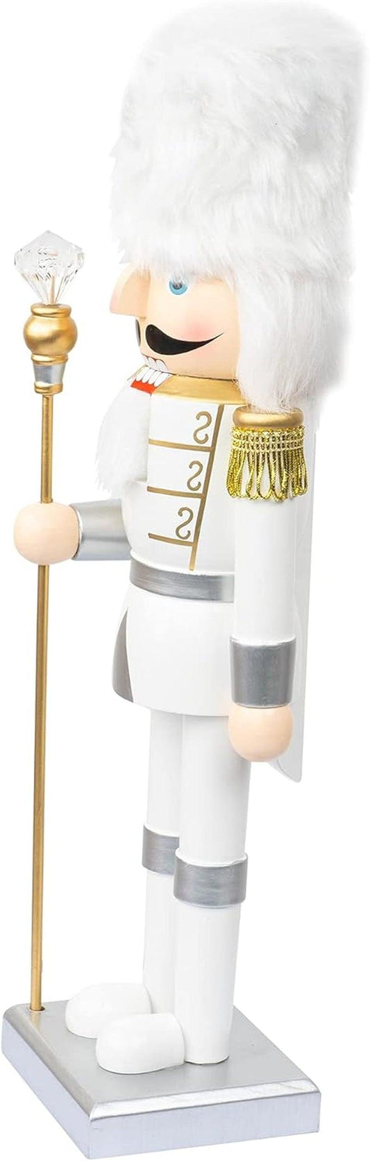 14" Christmas Decorative Nutcracker Figures, Handmade Wooden Soldier in White Uniform Hold Scepter, Festive Collectible Nutcracker Gift for Indoor Winter Table Desktop Fireplace Decorations