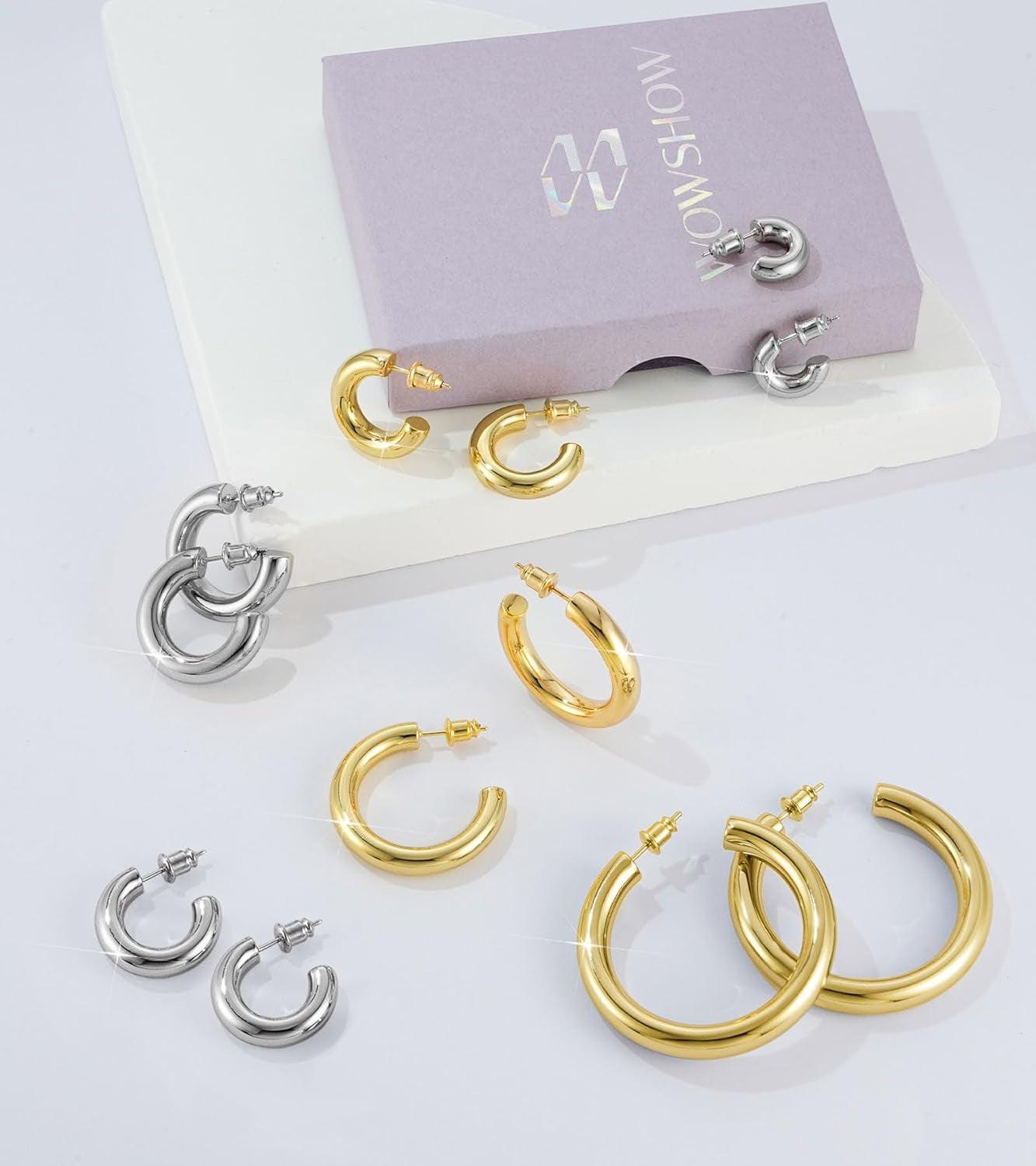 Chunky Gold Hoop Earrings, Small Gold Hoop Earrings for Women 14K Real Gold Plated Thick Open Hoops Lightweight