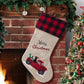 Burlap Christmas Stockings 21 Inch Embroidered Linen with Red and Black Buffalo Plaid Cuff for Gift Holders Holiday Decorations