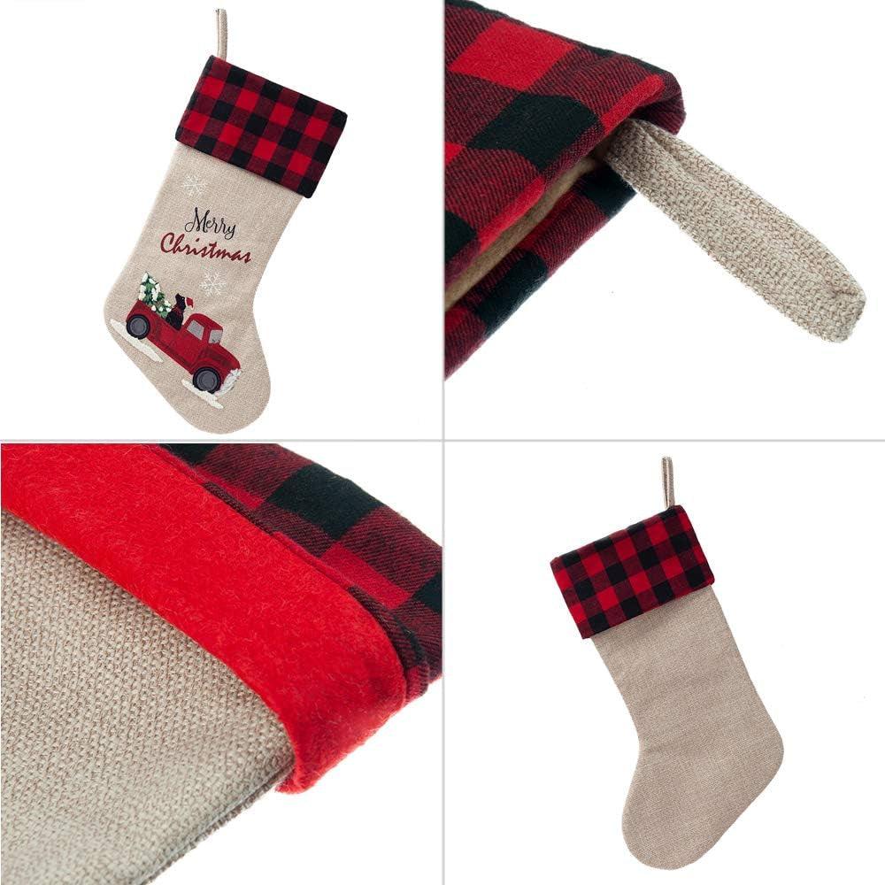 Burlap Christmas Stockings 21 Inch Embroidered Linen with Red and Black Buffalo Plaid Cuff for Gift Holders Holiday Decorations