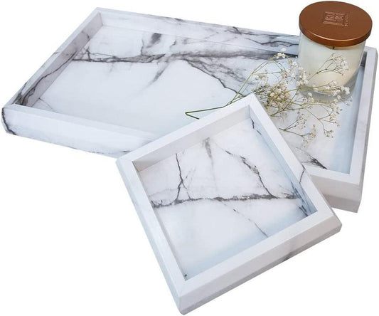 2 Pcs Marble Print Vanity Tray Set for Women, Marble Decor Catchall Tray for Entry, Faux Marble Perfume Tray Candle Tray, Cosmetics Storage, Jewelry Organizer (Wooden, Marble White)