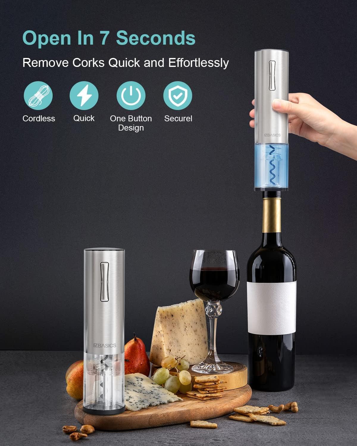 Electric Wine Opener, Automatic Wine Bottle Opener Set with Foil Cutter Vacuum Stopper and Wine Aerator Pourer for Wine Lovers Gift Home Kitchen Party Bar Wedding Rechargeable, Silver