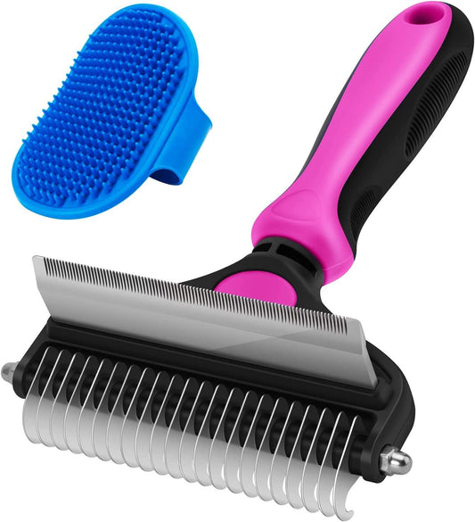 Dog Brush and Cat Brush, 2 in 1 Pet Undercoat Rake Grooming Tool for Deshedding, Mats & Tangles Removing, Shedding Brush and Dematting Comb for Large Small Dogs & Cats' Long & Short Hair Remover