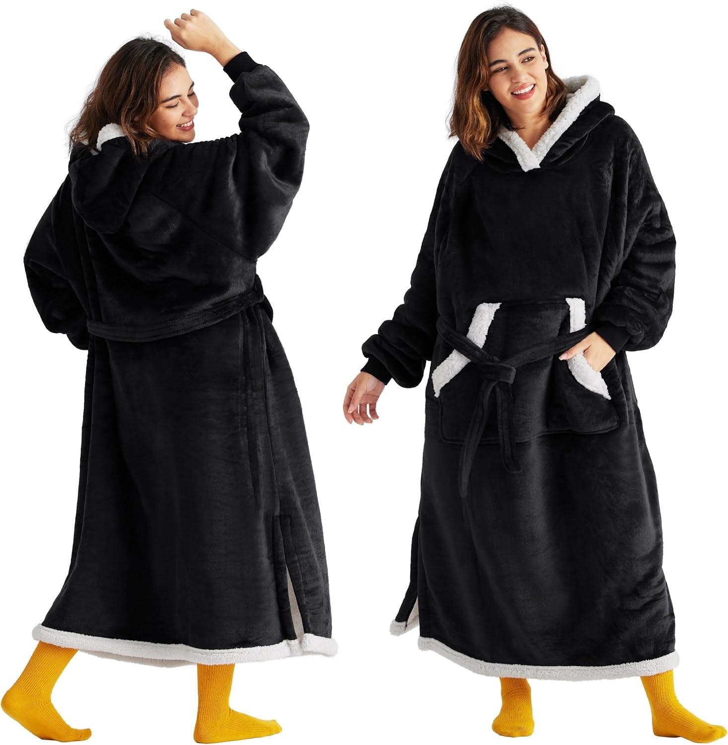 Ovesized Wearable Blanket Hoodie, Long Sherpa Fleece Blanket Sweatshirt, with Warm Big Hood, Side Split and Belt, Black, Standard Adult