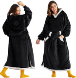 Ovesized Wearable Blanket Hoodie, Long Sherpa Fleece Blanket Sweatshirt, with Warm Big Hood, Side Split and Belt, Black, Standard Adult