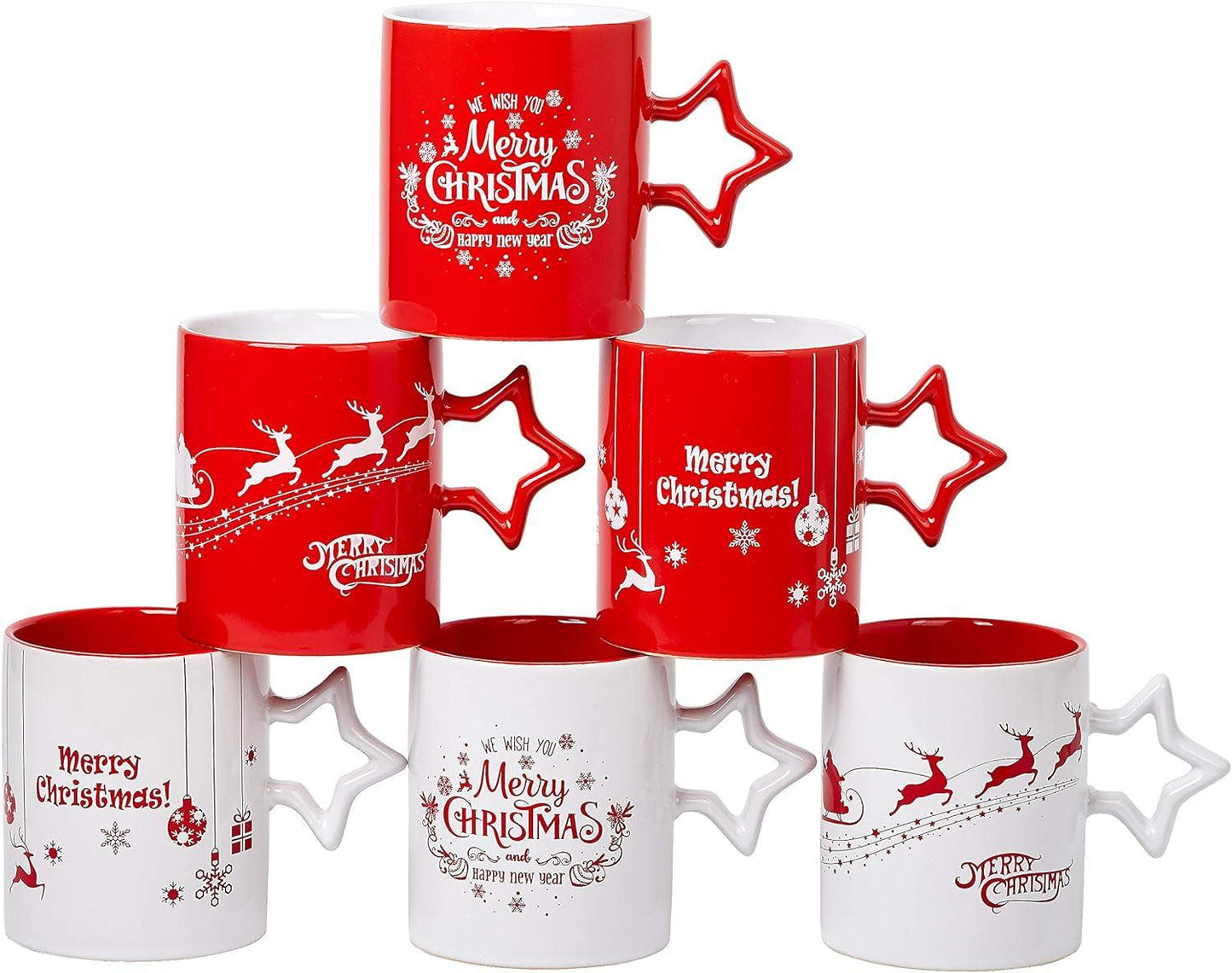 Red and White Funny Coffee Mugs with Star Handle Set of 6 -Large-Sized Mugs 14 Ounce Holidays Novelty Cups, Decorative DIY Cute Coffee Mugs-Hot Chocolate Gift Sets