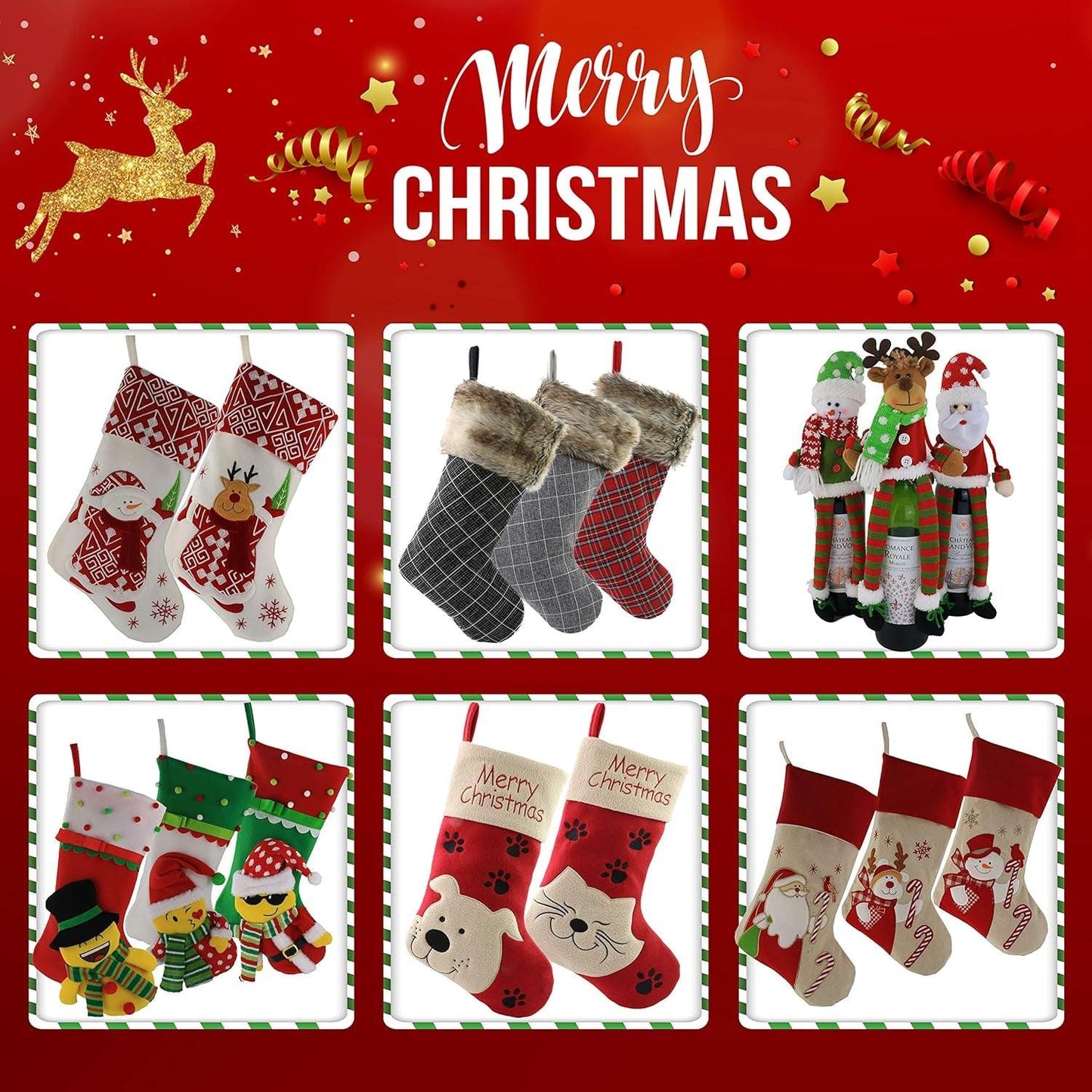 Classic Christmas Stockings Set of 2 Elk, Snowman Xmas Character 17 Inch Christmas Decorations Gift for Family Kids (Style 4)