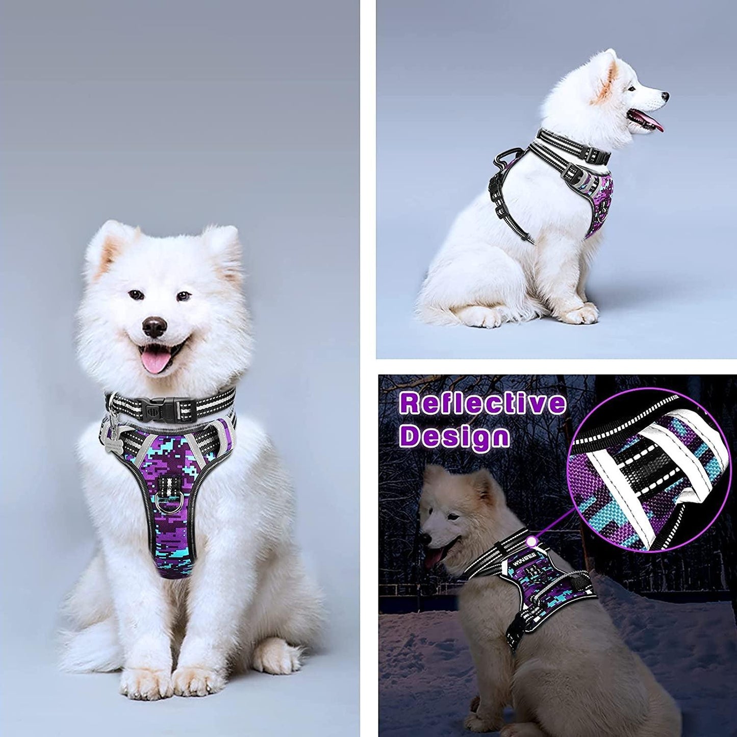 Dog Harness No Pull, Pet Harnesses with Dog Collar, Adjustable Reflective Oxford Outdoor Vest, Front/Back Leash Clips for Small, Medium, Large, Extra Large Dogs, Easy Control Handle for Walking