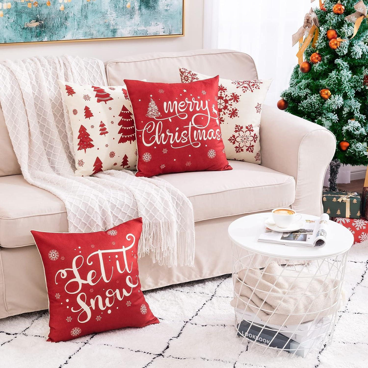 Christmas Pillow Covers 18X18 Inches Linen Holiday Pillow Cases for Couch Sofa Car Home Christmas Decorations and Farmhouse Decor Set of 4 Winter Throw Pillow Covers