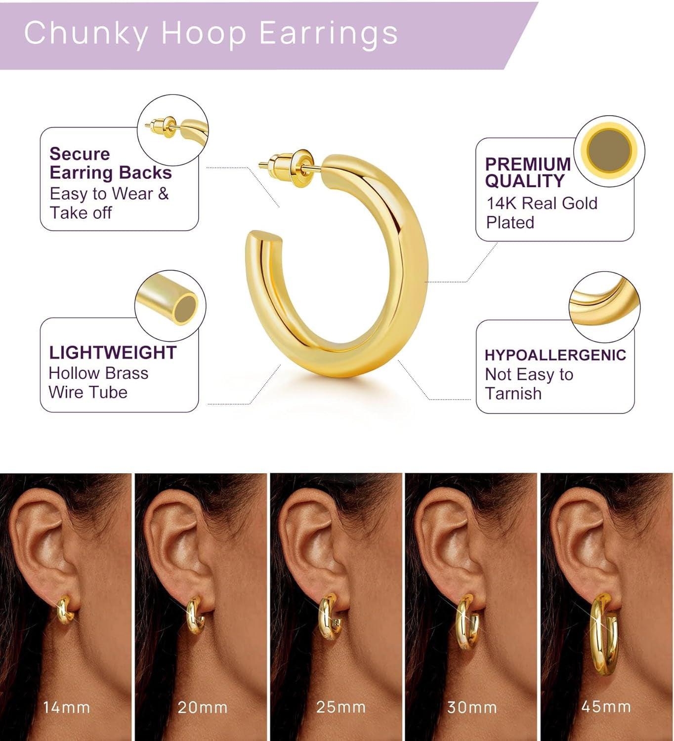 Chunky Gold Hoop Earrings, Small Gold Hoop Earrings for Women 14K Real Gold Plated Thick Open Hoops Lightweight