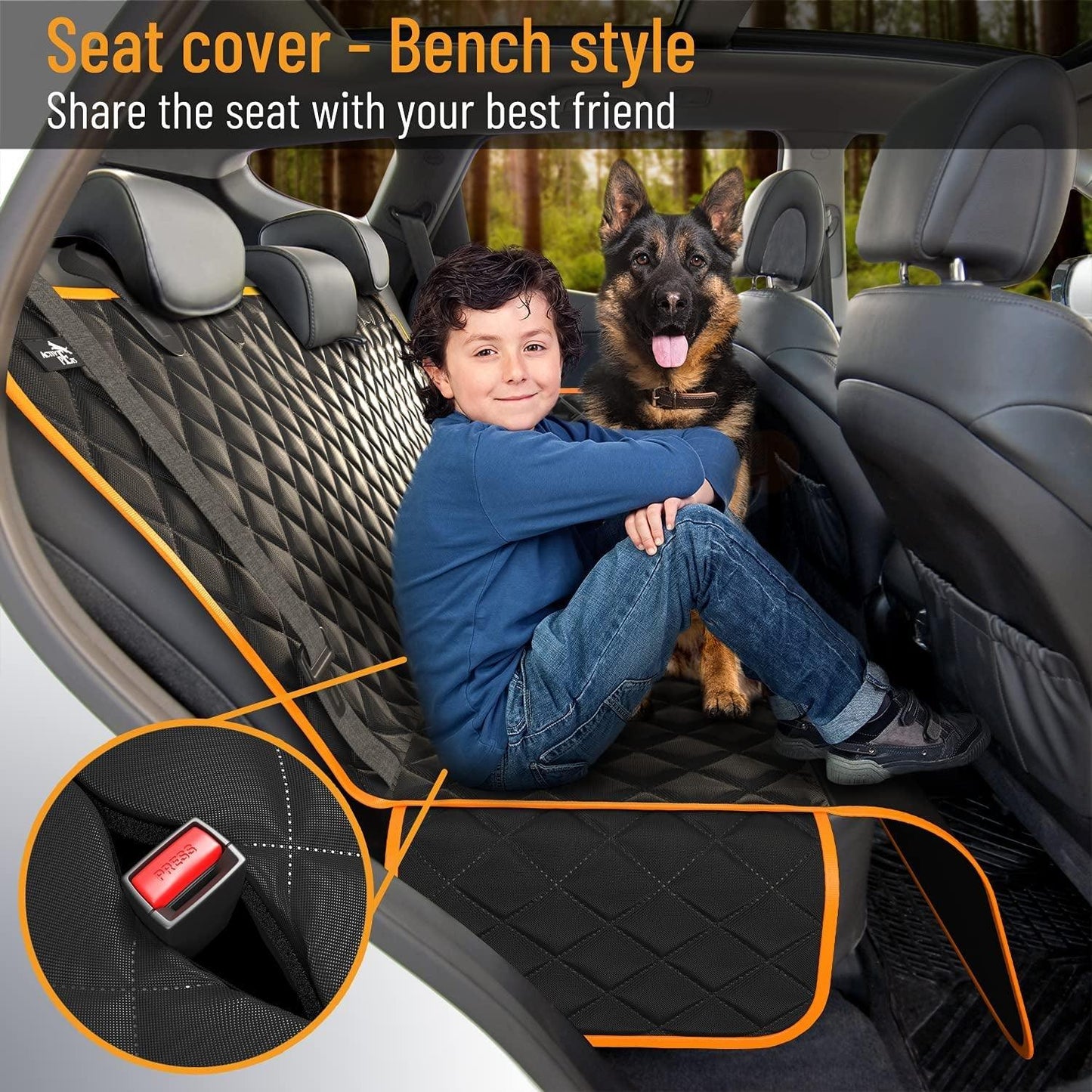 Dog Car Seat Cover Car Seat Protector- Dog Seat Cover for Back Seat of Suvs, Trucks, Cars - Waterproof & Convertible Vehicle Dog Hammock for Car Backseat - Mesh Window - Orange