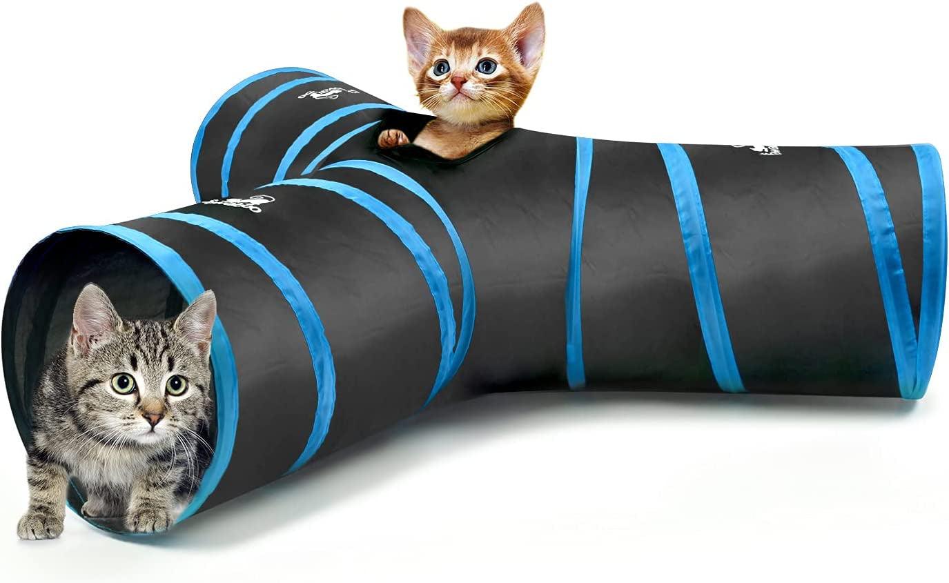 Cat Tunnel with Bell Balls, Upgraded 3 Way Cat Tunnel Interactive Toy, Pet Toy Maze Cat House Bed with Strong Spring-Steel Frame for Cat Kitten Kitty, Blue