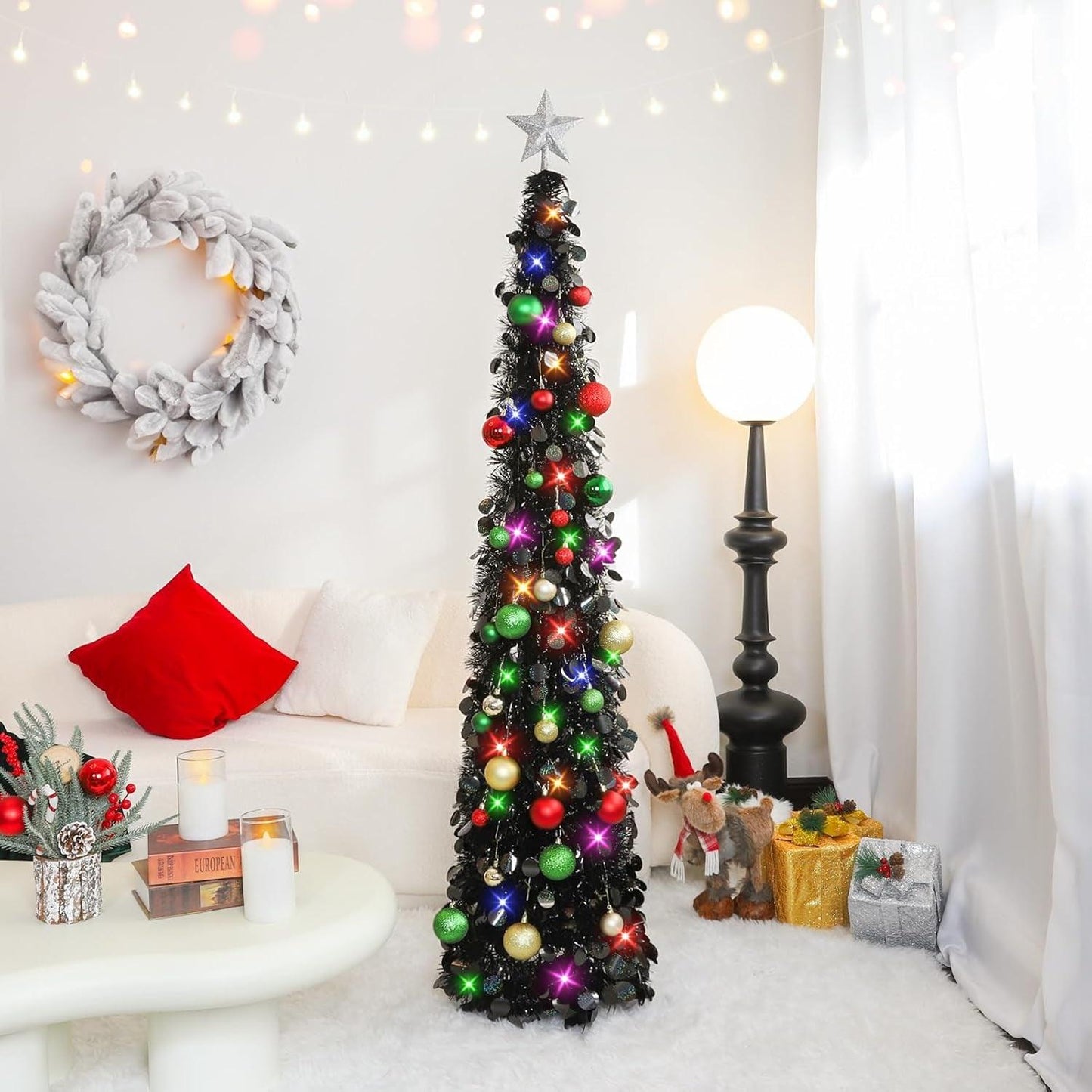 Pop up Christmas Tree with Lights & 30 Balls, 5Ft Collapsible Black Tinsel Christmas Tree Decorations, Pencil Christmas Tree Skinny Christmas Tree for Holiday Xmas Home Office Decor