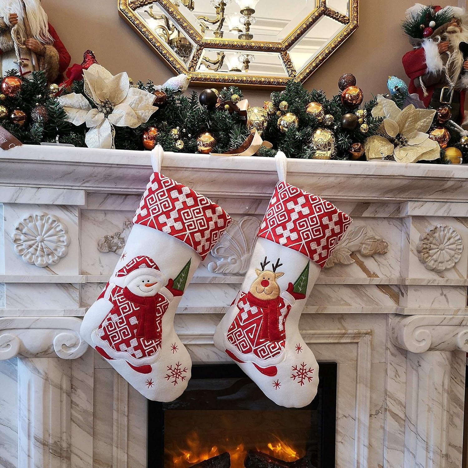 Classic Christmas Stockings Set of 2 Elk, Snowman Xmas Character 17 Inch Christmas Decorations Gift for Family Kids (Style 4)