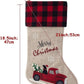 Burlap Christmas Stockings 21 Inch Embroidered Linen with Red and Black Buffalo Plaid Cuff for Gift Holders Holiday Decorations