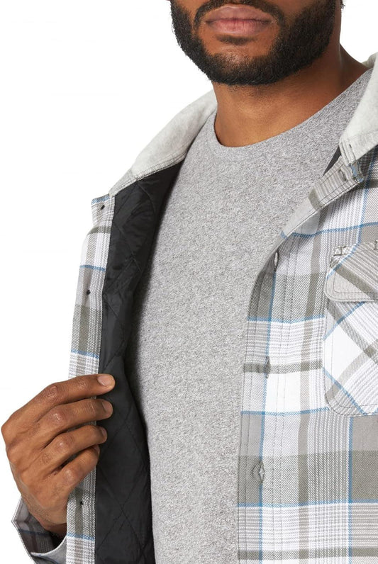 Men'S Long Sleeve Quilted Lined Flannel Shirt Jacket with Hood