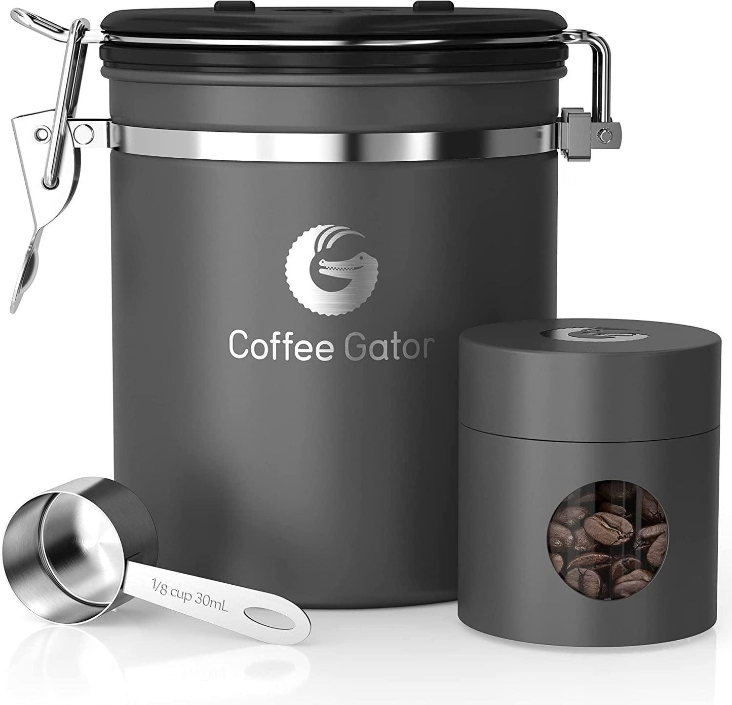 Coffee Canister, Stainless Steel Airtight Coffee Containers for Ground Coffee with Date-Tracker, Co2-Release Valve, Measuring Scoop & Travel Jar - Medium, 16 Oz, Gray