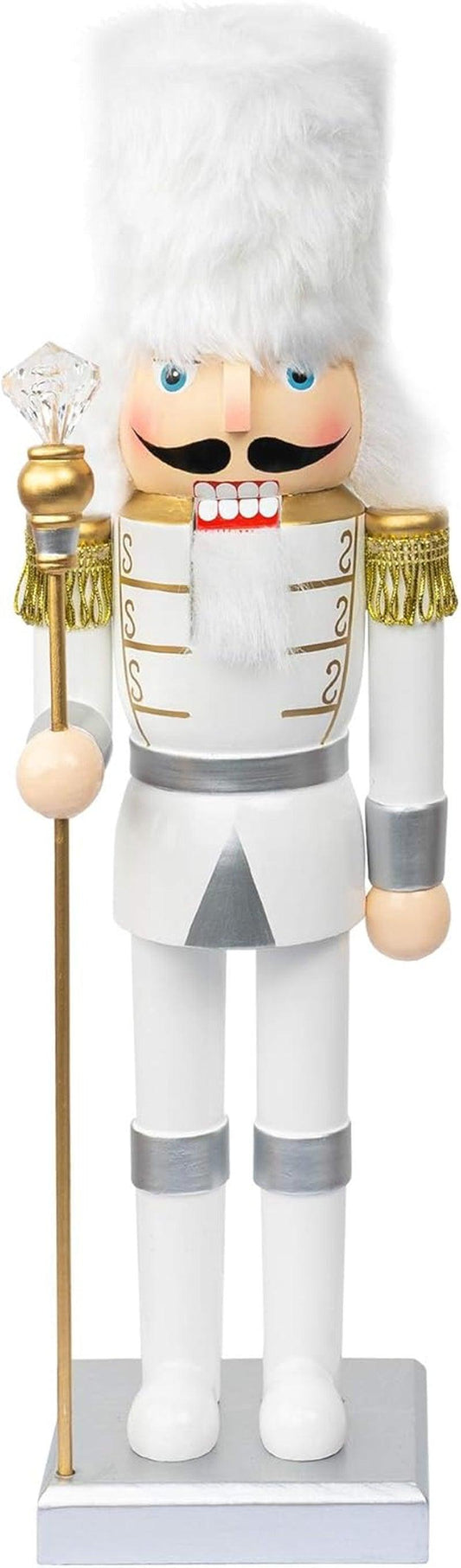 14" Christmas Decorative Nutcracker Figures, Handmade Wooden Soldier in White Uniform Hold Scepter, Festive Collectible Nutcracker Gift for Indoor Winter Table Desktop Fireplace Decorations