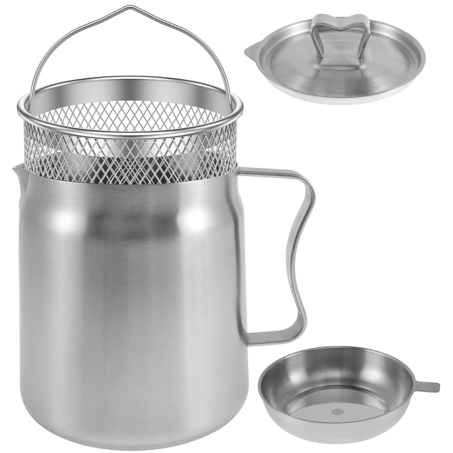 Oil Filter Pot Stainless Steel Oil Strainer Pot with Fine Mesh Strainer Fry Basket 2L Oil Storage Can Grease Container Kitchen