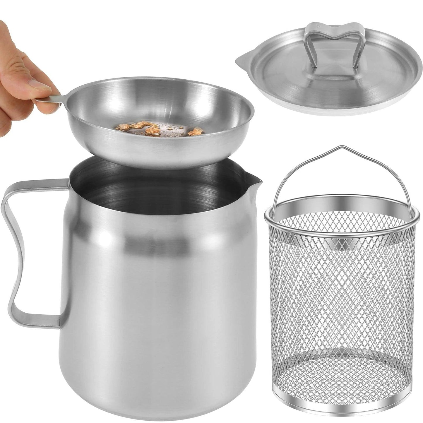 Oil Filter Pot Stainless Steel Oil Strainer Pot with Fine Mesh Strainer Fry Basket 2L Oil Storage Can Grease Container Kitchen