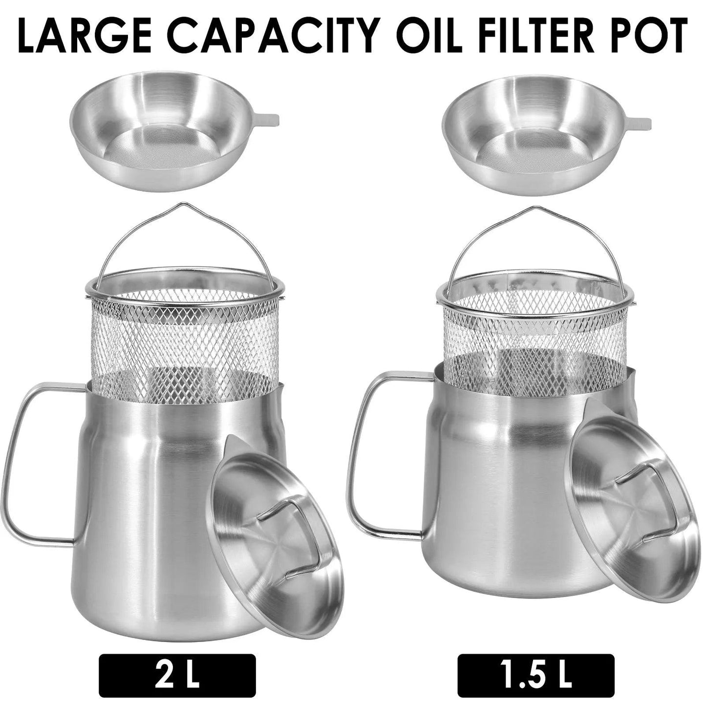 Oil Filter Pot Stainless Steel Oil Strainer Pot with Fine Mesh Strainer Fry Basket 2L Oil Storage Can Grease Container Kitchen