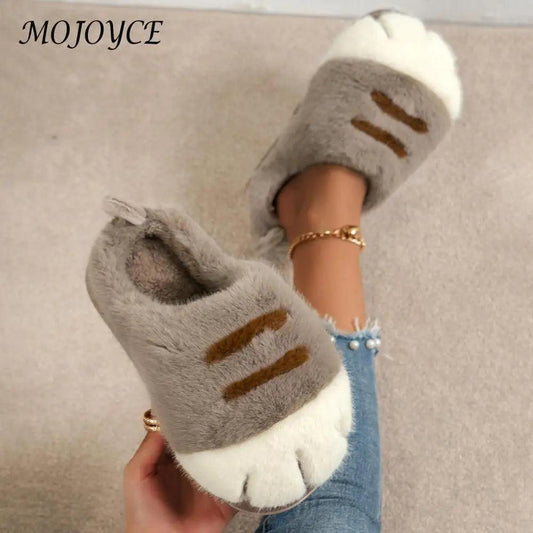 3D Cat Paw Plush Slippers Flat Thermal Slippers Comfortable Fluffy Home Slippers Furry Paw Couple Slippers for Indoor Bedroom