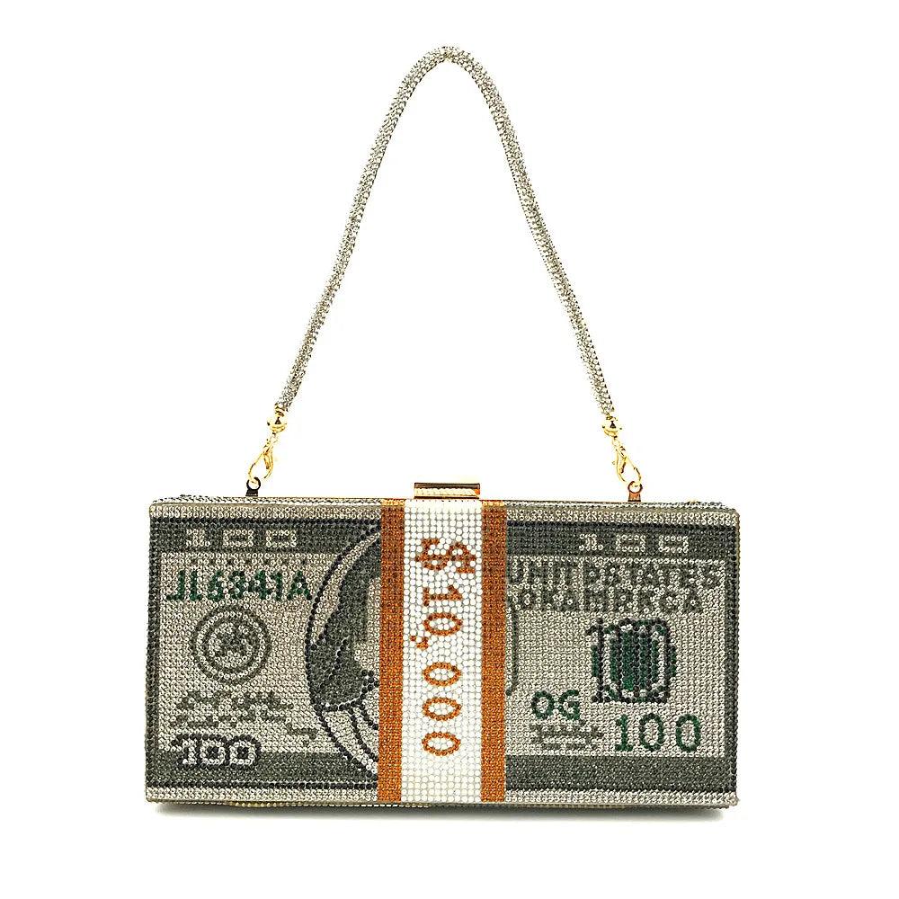 Money Clutch Rhinestone Purse 10000 Dollars Stack Cash Evening Handbags Shoulder Wedding Dinner Bag 2024 women bag сумка wallet