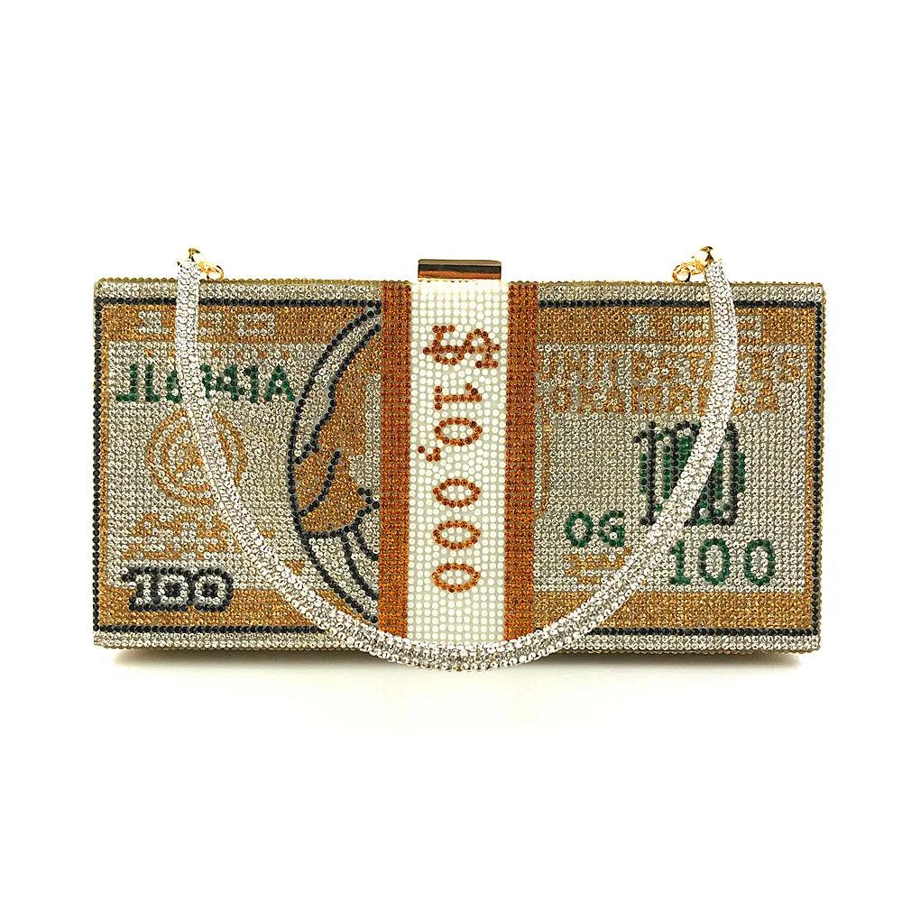 Money Clutch Rhinestone Purse 10000 Dollars Stack Cash Evening Handbags Shoulder Wedding Dinner Bag 2024 women bag сумка wallet