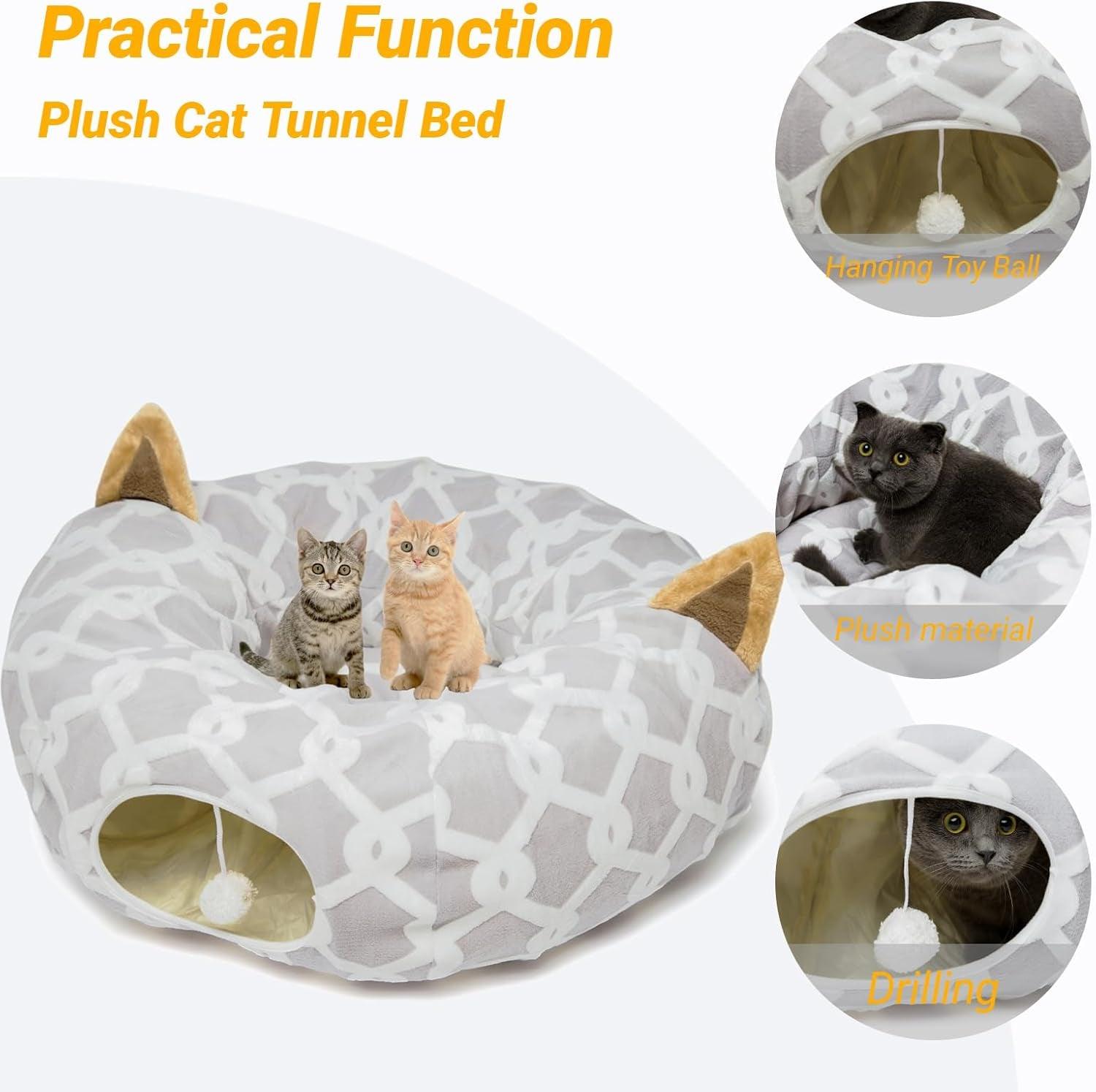 Large Cat Tunnel Bed with Plush Cover,Fluffy Toy Balls, Small Cushion and Flexible Design- 10 Inch Diameter, 3 Ft Length- Great for Cats, and Small Dogs, Gray Geometric Figure