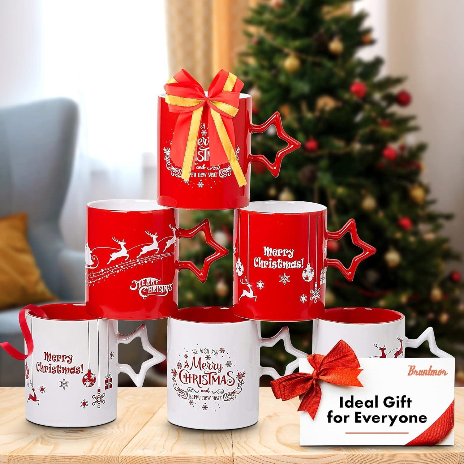 Red and White Funny Coffee Mugs with Star Handle Set of 6 -Large-Sized Mugs 14 Ounce Holidays Novelty Cups, Decorative DIY Cute Coffee Mugs-Hot Chocolate Gift Sets