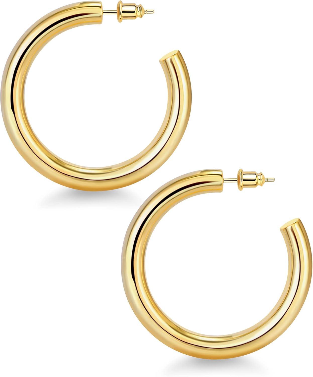 Chunky Gold Hoop Earrings, Small Gold Hoop Earrings for Women 14K Real Gold Plated Thick Open Hoops Lightweight