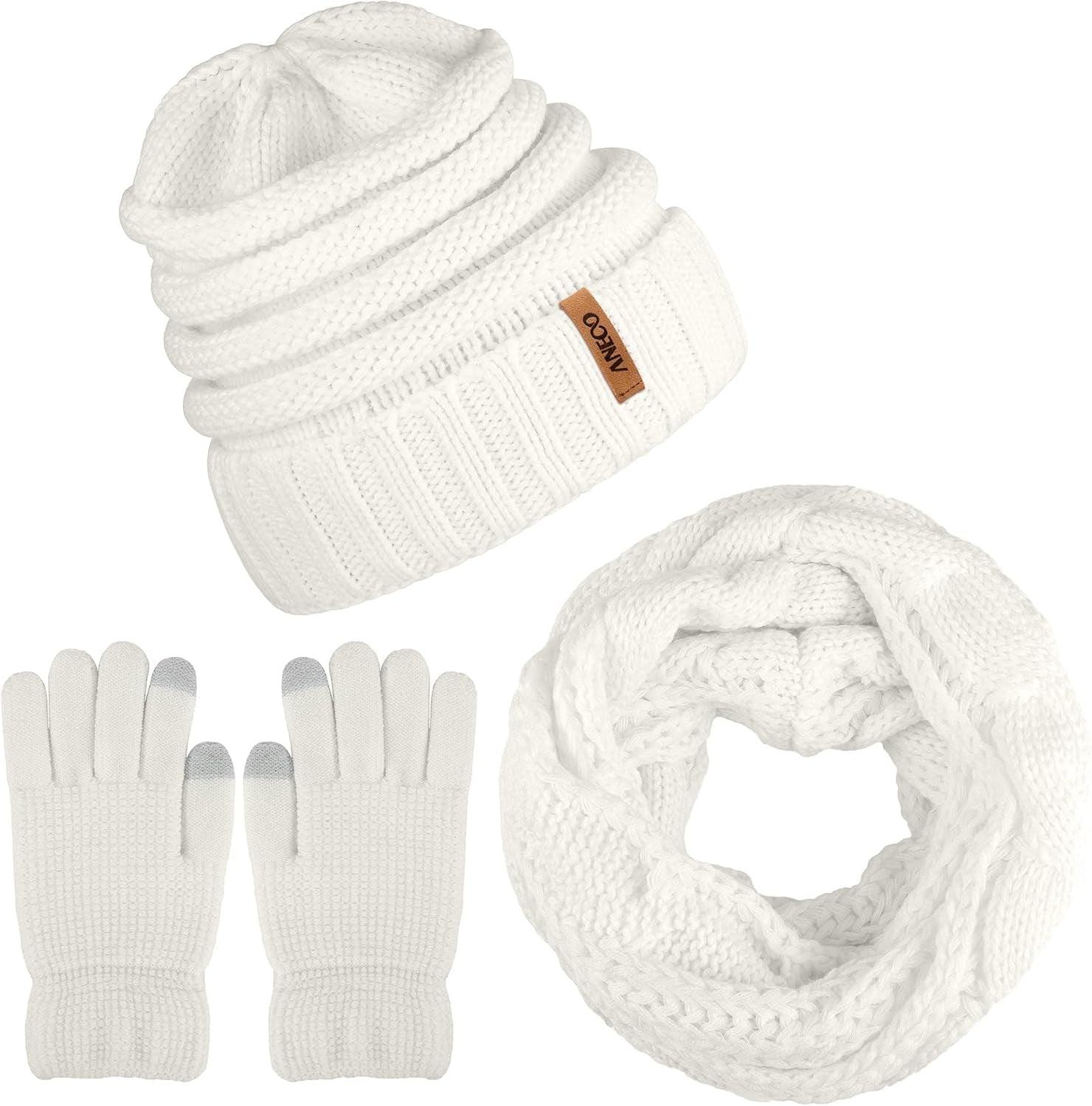 Winter Warm Knitted Scarf Beanie Hat and Gloves Set Men & Women'S Soft Stretch Hat Scarf and Mitten Set