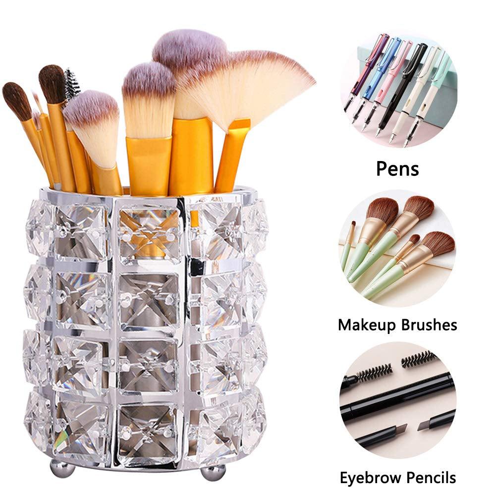 Crystal Makeup Brush Holder Organizer, Handcrafted Cosmetics Brushes Cup Storage Solution (Silver)