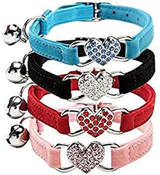 Pink Soft Velvet Safe Cat Adjustable Collar with Crystal Heart Charm and Bells 8-11 Inches(Black+Red+Pink+Blue)