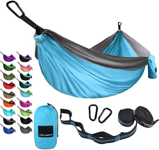 Camping Hammock - Portable Hammock Single Hammock Camping Accessories Gear for Outdoor Indoor Adult Kids, USA Based Brand (Light Blue & Grey)