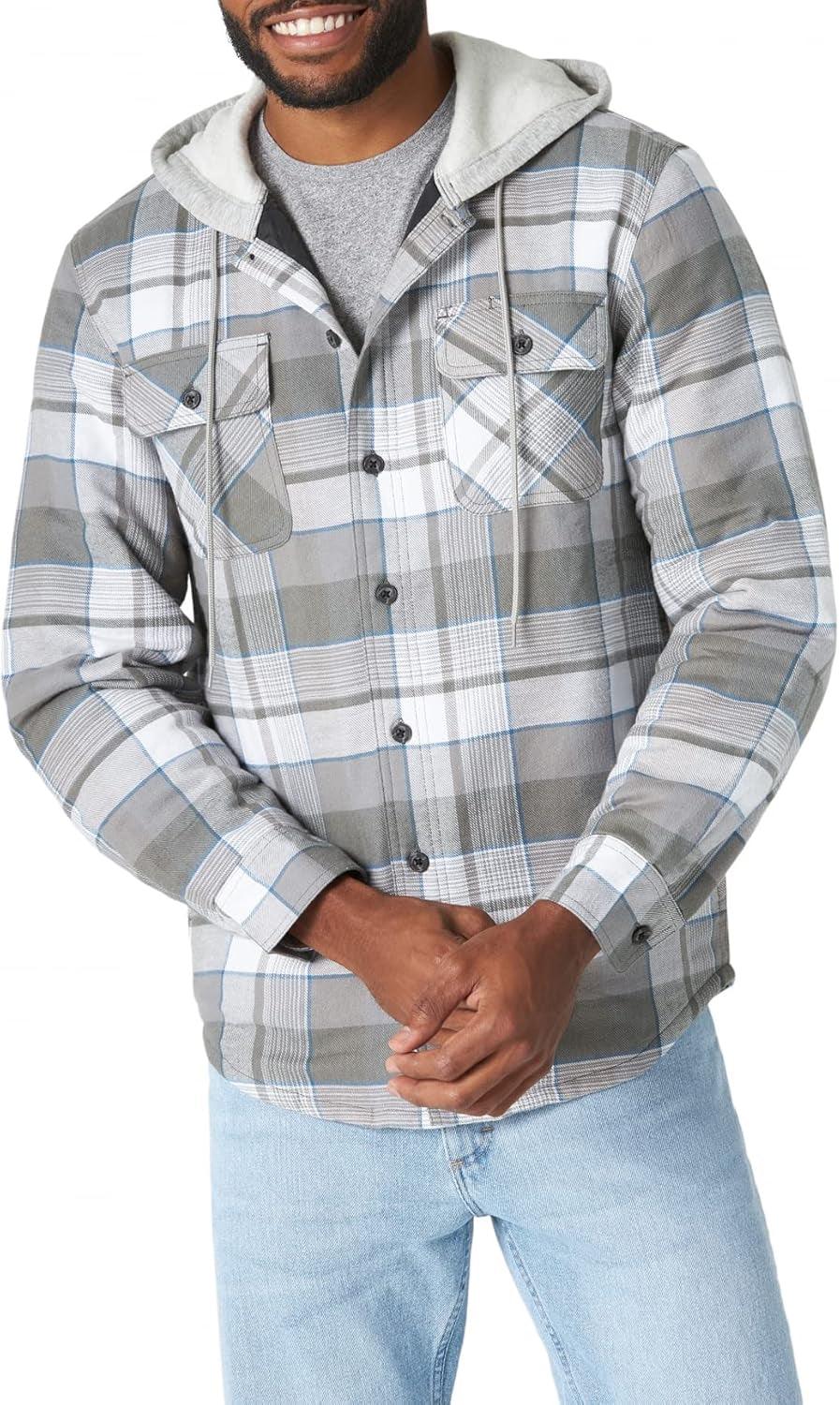 Men'S Long Sleeve Quilted Lined Flannel Shirt Jacket with Hood