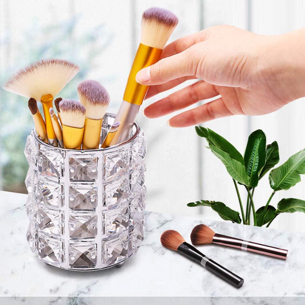 Crystal Makeup Brush Holder Organizer, Handcrafted Cosmetics Brushes Cup Storage Solution (Silver)