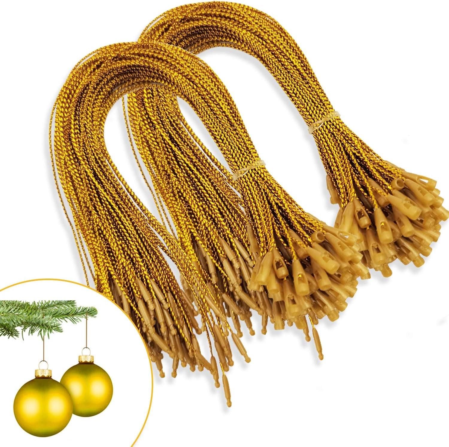 200Pcs Christmas Ornaments String Hanger Gold Precut Ribbon Hook for Christmas Tree Ornament Decorations with Snap Fastener