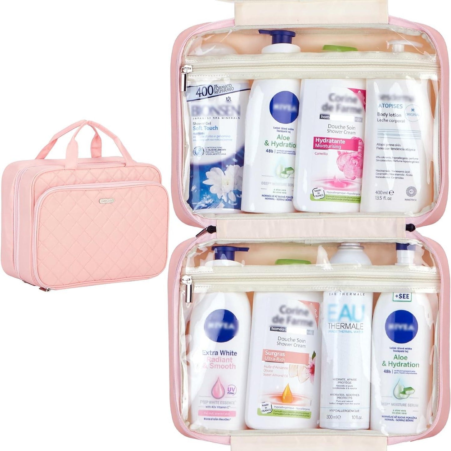 Extra Large Toiletry Bag with Hanging Hook, Travel Makeup Case for Women, Cosmetic Organizer for Toiletries, Full-Sized Bottles, Beauty, Pink