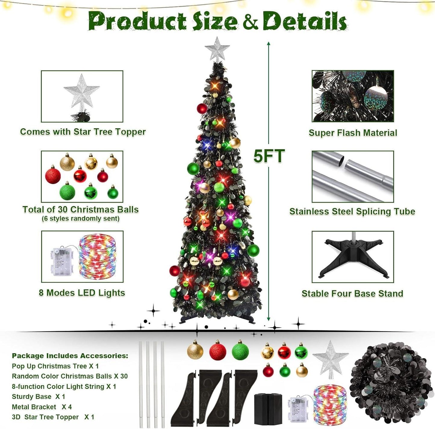 Pop up Christmas Tree with Lights & 30 Balls, 5Ft Collapsible Black Tinsel Christmas Tree Decorations, Pencil Christmas Tree Skinny Christmas Tree for Holiday Xmas Home Office Decor