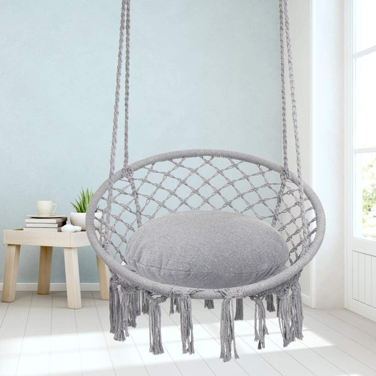 Hammock Chair Macrame Swing, Max 330 Lbs, Hanging Cotton Rope Hammock Swing Chair for Indoor and Outdoor Use, Light Grey