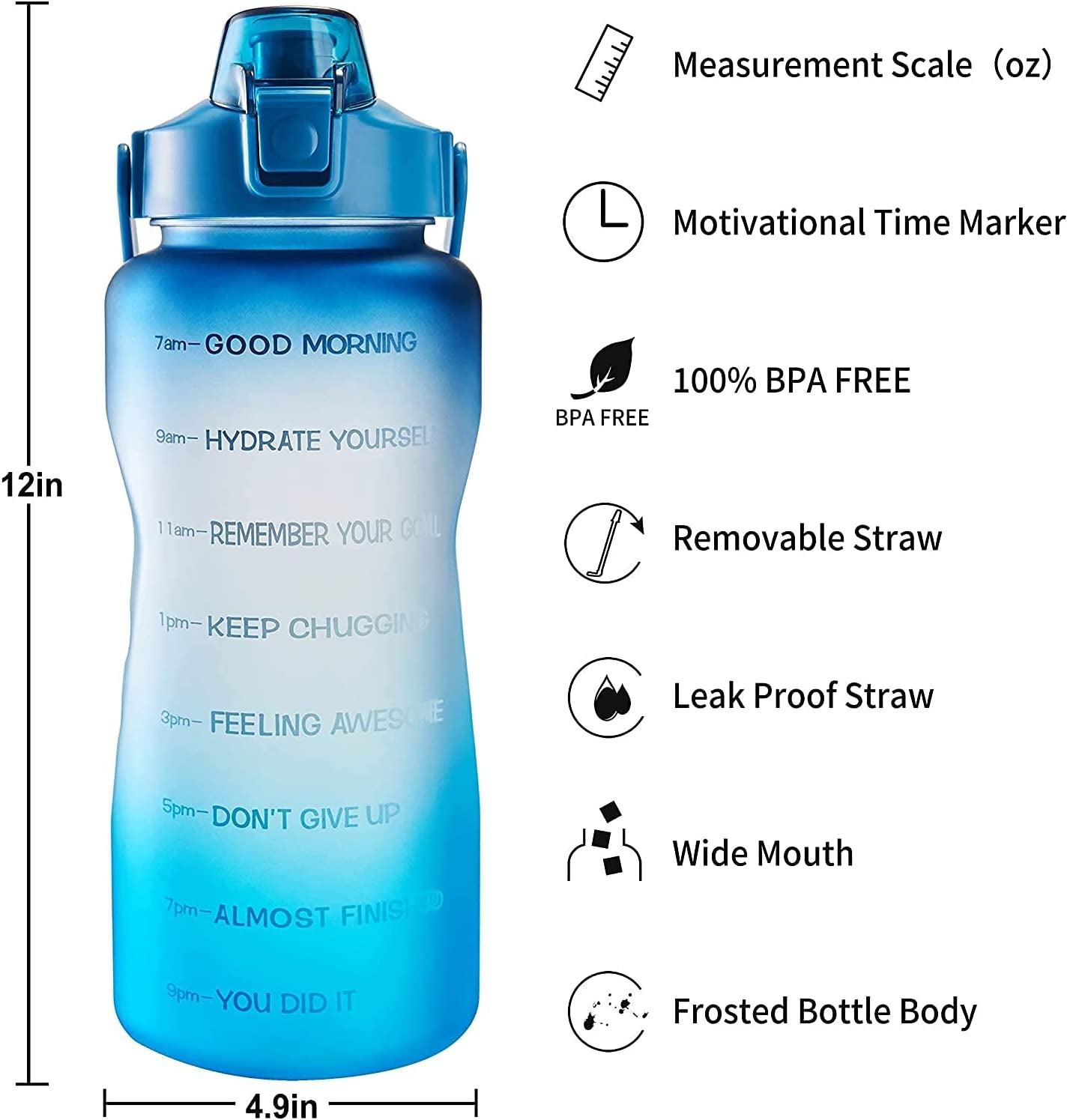 Half Gallon Water Bottle with Straw & Handle, Leakproof 64 Oz Motivational Sports Water Bottle with Time to Drink Ensure You Drink Enough Water for Indoor Outdoor Sports (Navy/Blue Gradient)